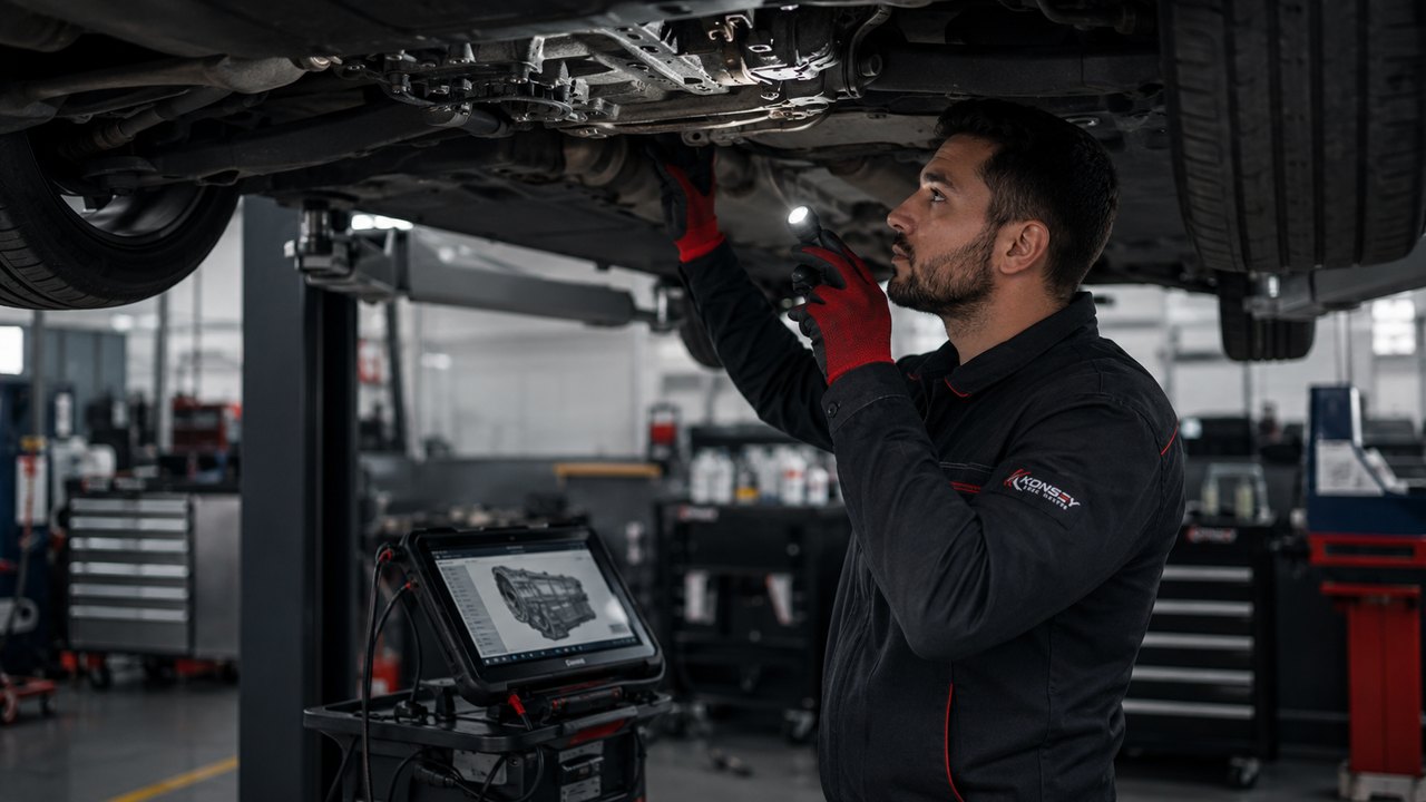 Yağ kaçağı takibi için araç altı detaylı servis incelemesi