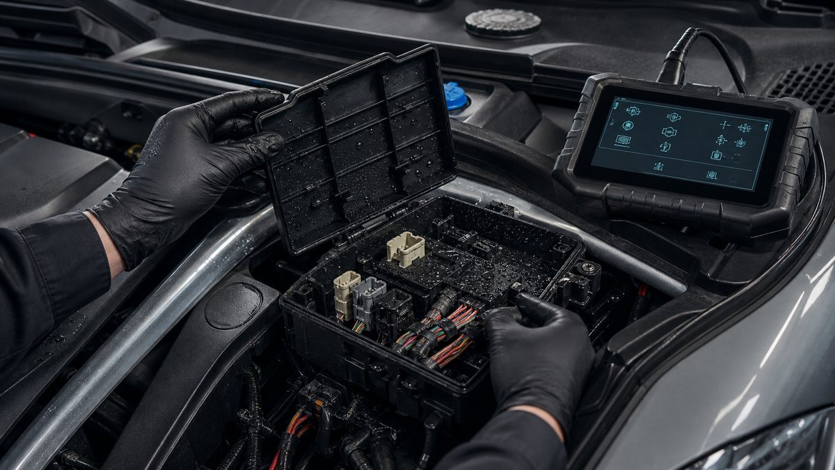 Porsche Macan tipi SUV E-box elektronik kutusunda nem ve bağlantı teşhisi