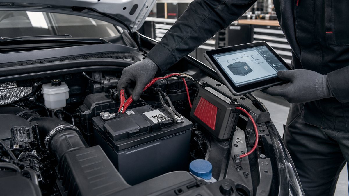 VAG araçta AGM 12 volt akü, destek ünitesi ve kodlama tableti illüstrasyonu
