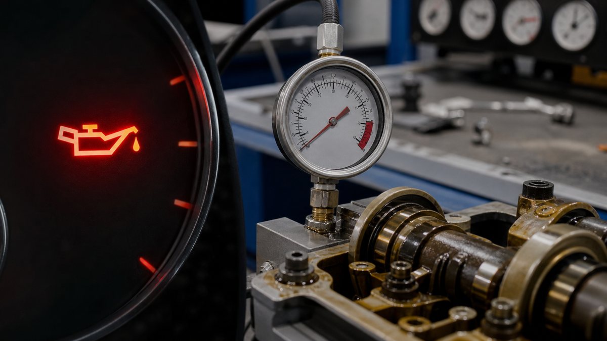 Kırmızı motor yağı basıncı uyarısı ve manometreyle profesyonel kontrol