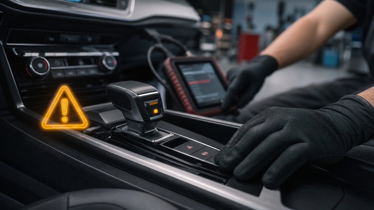 VAG elektronik vites seçici kolunda uyarı ve teşhis illüstrasyonu